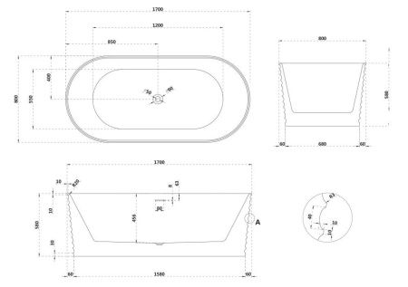 Ванна из искусственного камня Abber Stein AS9650 170х80 отдельностоящая овальная с ножками