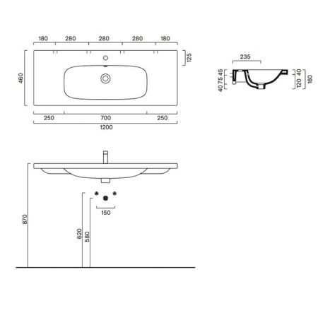 Раковина керамическая Catalano Alvea 621211001 120 см подвесная цвет белый 1 отверстие под смеситель