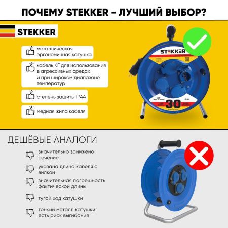 Удлинитель на металлической катушке 4-местный 30м Stekker PRF02-41-30 39296