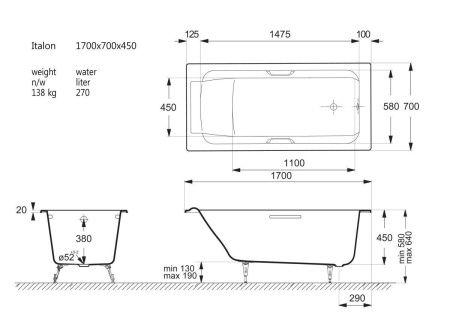 Ванна чугунная Vinsent Veron Italon VIT1707045H/VH0012BR 170х70 пристенная прямоугольная с ножками с ручками