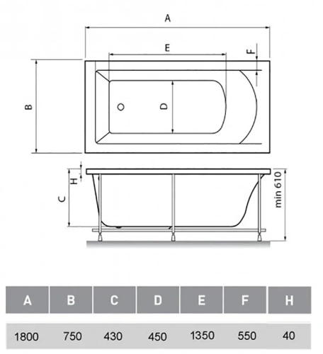 Ванна акриловая Vayer Milana Гл000024278 180x75 пристенная прямоугольная без ножек и каркаса - фото 2