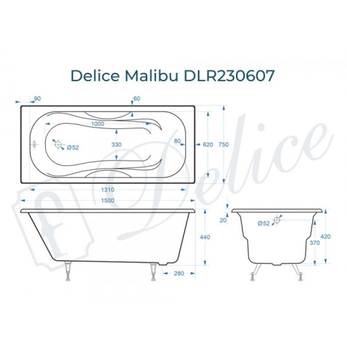 Ванна чугунная Delice Malibu DLR230607 150х75 пристенная прямоугольная - фото 2