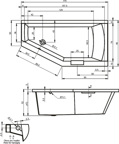 Ванна акриловая Riho GETA B032001005 170х90 пристенная асимметричная - фото 2