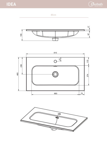 Раковина керамическая Visobath Idea 76698 80х48 встраиваемая цвет белый глянцевый 1 отверстие под смеситель - фото 2