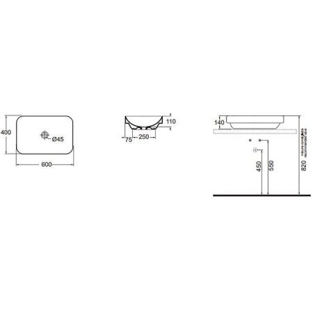 Раковина из сантехнического фаянса Azzurra ELEGANCE ELLG060400S0BI/(ESO60 bi)*0 60х40 накладная цвет белый без отверстий под смеситель