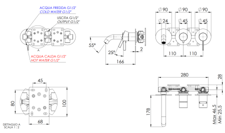 Смеситель для ванны Remer Metrica MC54D3PDO встраиваемый в стену золото