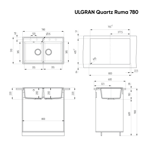 Кухонная мойка Ulgran Quartz Ruma 780-07 78х51 цвет уголь - фото 2