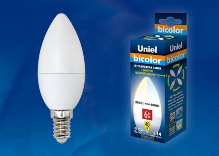 Лампа светодиодная Uniel Bicolor (Бицолор) LED-C37-6W/WW+NW/E14/FR PLB01WH картон