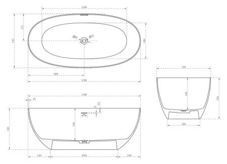 Ванна из искусственного камня Abber Stein AS9624-1.7 170х75 отдельностоящая овальная с ножками