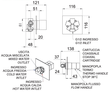 Смеситель для душа Remer Q-Elegance QT94C встраиваемый в стену хром с термостатом