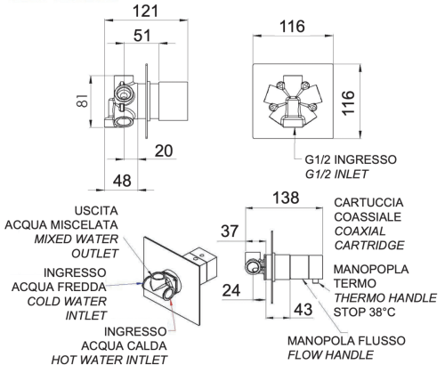Смеситель для душа Remer Q-Elegance QT94C встраиваемый в стену хром с термостатом - фото 2