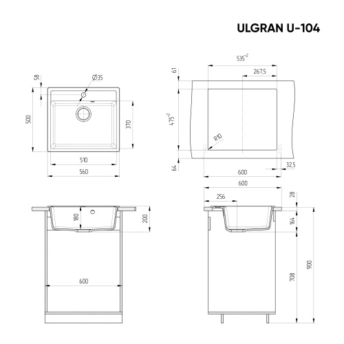 Кухонная мойка Ulgran Classic U-104-308 56х50 цвет черный - фото 2