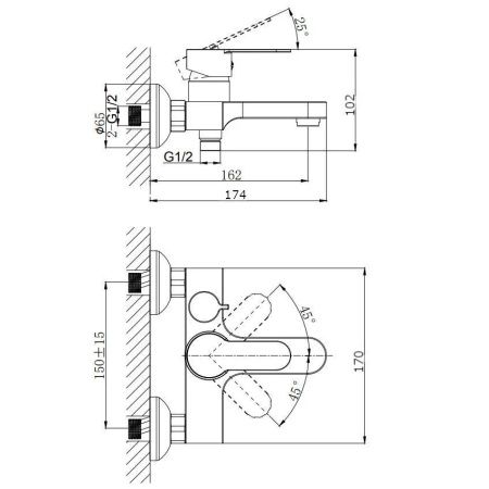 Смеситель для ванны Rush Tenerife TE2835-44 настенный хром