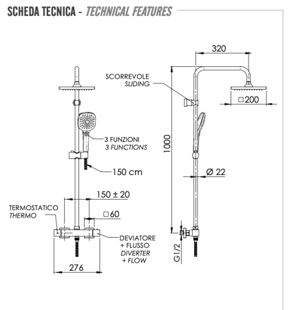 Душевая стойка Remer Absolute ST32X8CPSD25 настенная цвет хром с термостатом