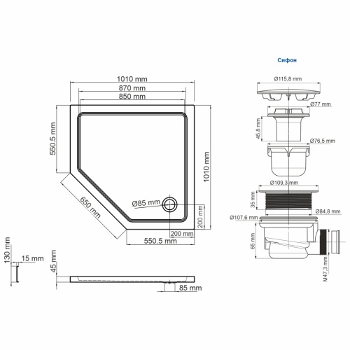 Душевой поддон WasserKRAFT Isen 26T 26T38 100х100 акрил белый с каркасом - фото 3