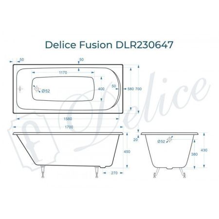 Ванна чугунная Delice Fusion DLR230647 170х70 пристенная прямоугольная без ножек