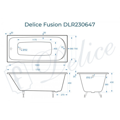 Ванна чугунная Delice Fusion DLR230647 170х70 пристенная прямоугольная - фото 2