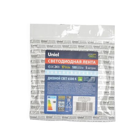 Светодиодная лента Uniel ULS-2835 ULS-2835-180LED/m-10mm-IP20-DC24V-17W/m-5M-6500K катушка в герметичной упаковке