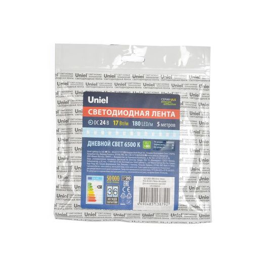 Светодиодная лента Uniel ULS-2835 ULS-2835-180LED/m-10mm-IP20-DC24V-17W/m-5M-6500K катушка в герметичной упаковке - фото 4