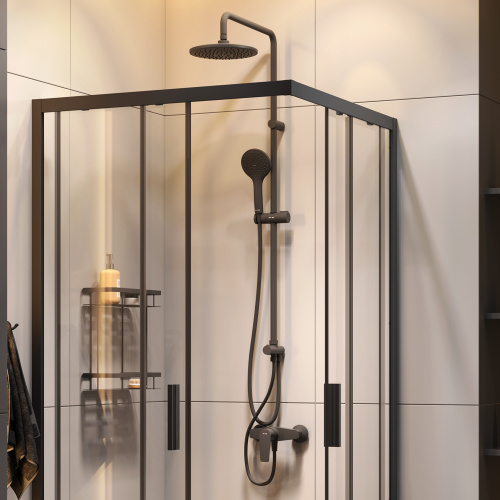 Комплект душевого уголка с душевой системой и аксессуарами Am.Pm Gem S WK93EP стекло прозрачное профиль черный матовый без поддона - фото 4