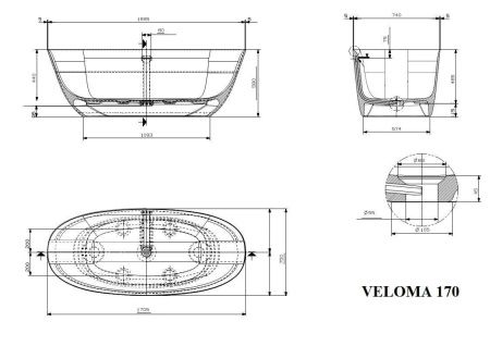 Ванна из искусственного камня Plumberia Selection Veloma VELOMA 170BO 170х75 отдельностоящая овальная с ножками