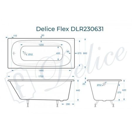 Ванна чугунная Delice Flex DLR230631 170х80 пристенная прямоугольная без ножек