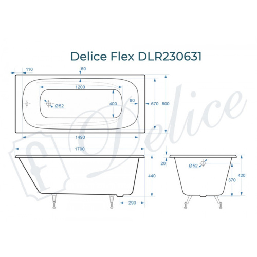 Ванна чугунная Delice Flex DLR230631 170х80 пристенная прямоугольная - фото 2