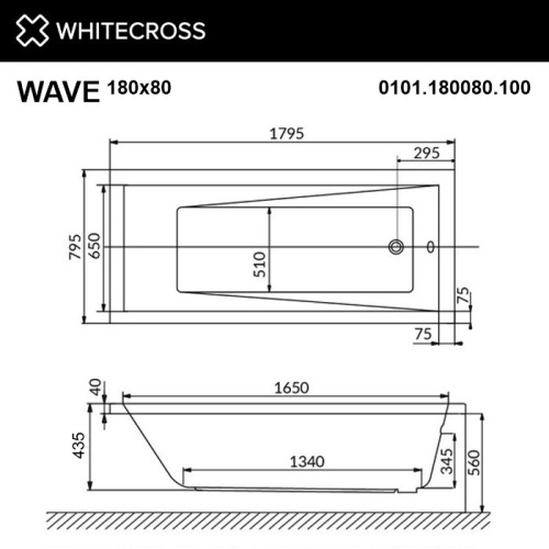 Ванна акриловая Whitecross WAVE 0101.180080.100 180х80 пристенная прямоугольная - фото 4