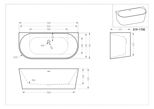 Ванна акриловая Art&Max AM-519-1700-750 170х75 пристенная овальная - фото 2 Ванна акриловая Art&Max AM-519-1700-750 170х75 пристенная овальная - фото 2
