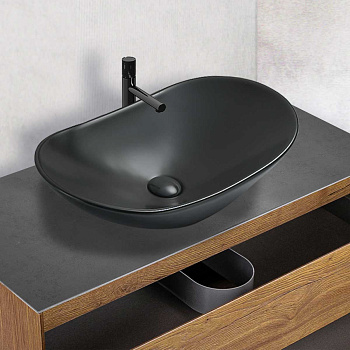 Раковина из сантехнического фарфора Vincea VBS-508MB 36х62 накладная цвет черный матовый без отверстий под смеситель