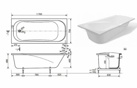 Ванна из литьевго мрамора Taliente Bolseno Matt BL17075Matt 170х75 пристенная прямоугольная без ножек и каркаса