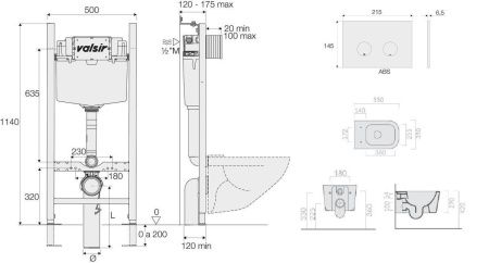 Комплект унитаз с инсталляцией и клавишей смыва Valsir KIT VSCR 5486NEMT Slim P4