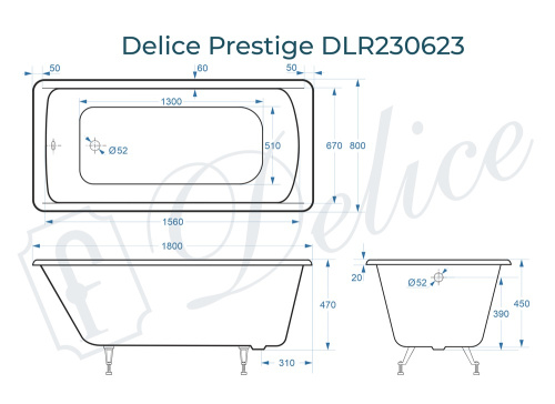 Ванна чугунная Delice Prestige DLR230623 180х80 пристенная прямоугольная без ножек - фото 3