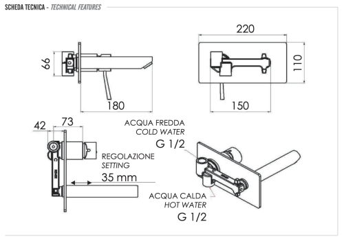 Смеситель для раковины Remer Minimal N15 встраиваемый в стену хром - фото 2