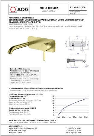 Смеситель для раковины AQG Urban Flow 01URF170OC встраиваемый в стену золото