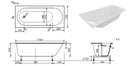Ванна из литьевго мрамора Taliente Orta Stretto OR17070Stretto 170х70 пристенная прямоугольная без ножек и каркаса