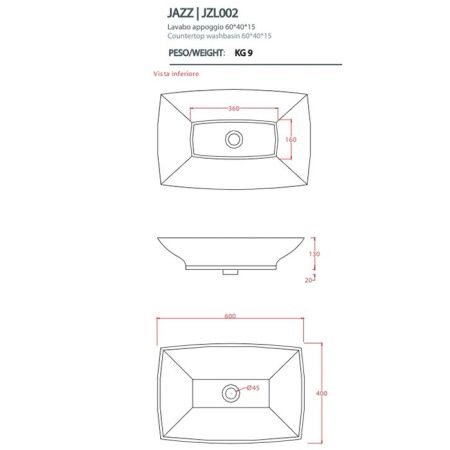 Раковина керамическая Artceram JAZZ JZL002 01 00 60х40 накладная цвет белый без отверстий под смеситель