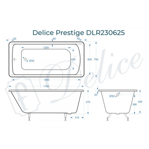 Ванна чугунная Delice Prestige DLR230625 170х75 пристенная прямоугольная - фото 2