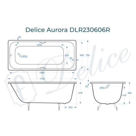 Ванна чугунная Delice Aurora DLR230606R 170х75 пристенная прямоугольная без ножек с отверстиями под ручки