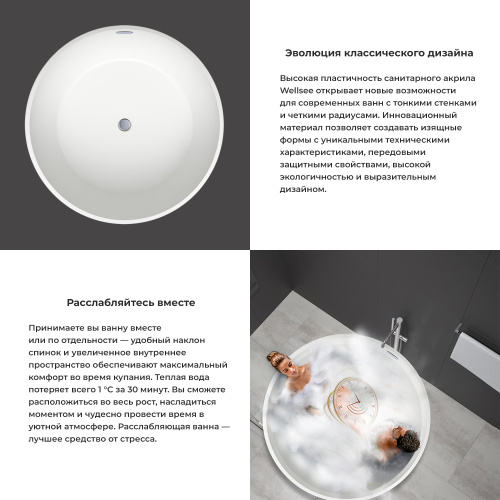 Ванна акриловая Wellsee Crêpe de France 236701000 130х130 отдельностоящая круглая с ножками - фото 4 Ванна акриловая Wellsee Crêpe de France 236701000 130х130 отдельностоящая круглая с ножками - фото 4