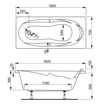 Ванна акриловая Vagnerplast Kleopatra VPBA167KLE2X-04 160х70 пристенная прямоугольная без каркаса