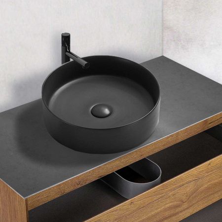 Раковина из сантехнического фарфора Vincea VBS-216MB 40х40 накладная цвет черный без отверстий под смеситель