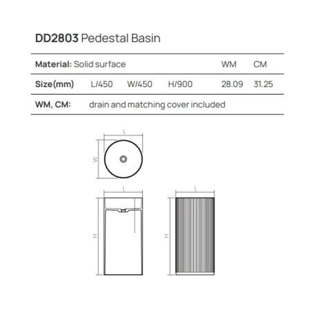 Раковина керамическая Dea Design Pedestal Basin DD2803 450 16 50х50 напольная цвет черный без отверстий под смеситель