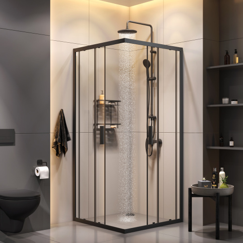 Комплект душевого уголка с душевой системой и аксессуарами Am.Pm Gem S WK93EP стекло прозрачное профиль черный матовый без поддона - фото 3