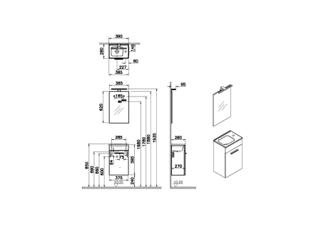 Комплект мебели: тумба 60х39х62 + раковина + зеркало Vitra Mia 75069 подвесной цвет коричневый