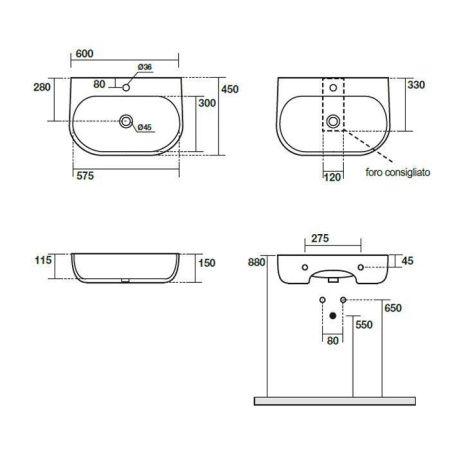 Раковина из сантехнического фарфора Kerasan Nolita 534101*1 60х50 накладная цвет белый 1 отверстие под смеситель