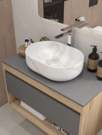 Раковина из сантехнического фарфора Teymi Solli T50386 49х35 накладная цвет белый мрамор без отверстий под смеситель