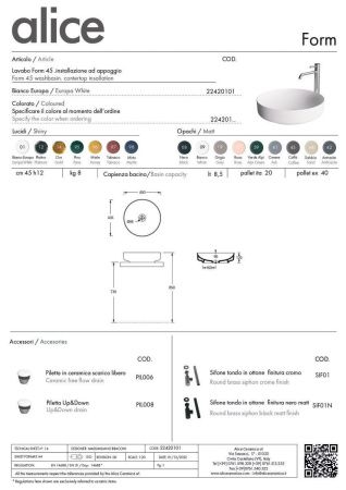 Раковина керамическая Alice Form 22420101 50х50 накладная цвет белый без отверстий под смеситель