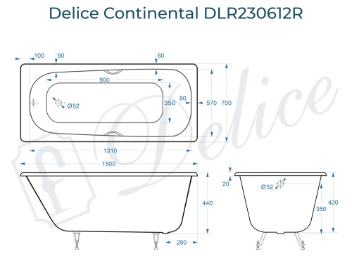 Ванна чугунная Delice Continental DLR230612R 150х70 пристенная прямоугольная без ножек с отверстиями под ручки - фото 3