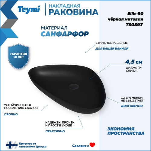 Раковина из сантехнического фарфора Teymi Ellie T50597 59х39 накладная цвет черный - фото 2